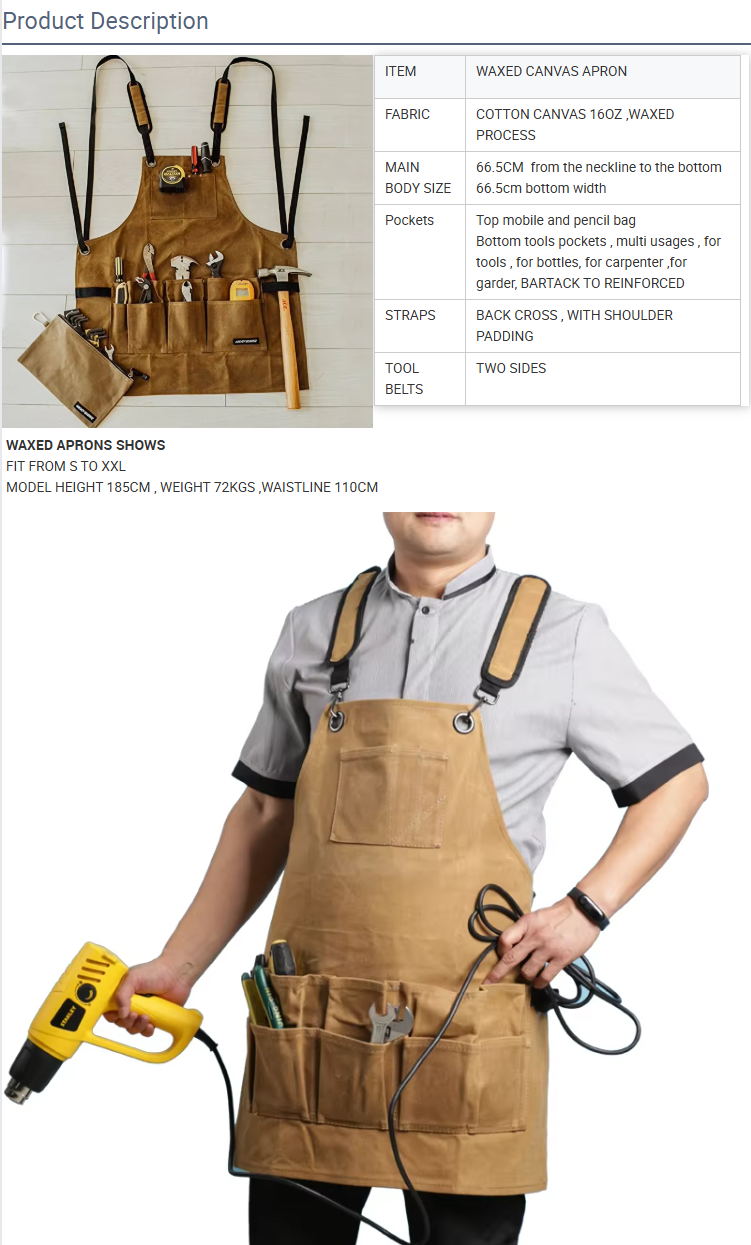 Waxed Canvas Apron Heavy Duty Shop Apron Multi Pockets Adjustable up to XXL for Men and Women
