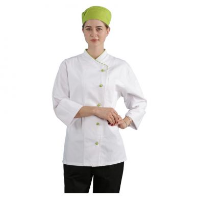 JHCJ-19001W White Long Sleeve Chef Jacket with Green Piping, 65/35 Poly-Cotton
