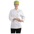 JHCJ-19001W White Long Sleeve Chef Jacket with Green Piping, 65/35 Poly-Cotton