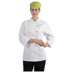 JHCJ-19001W White Long Sleeve Chef Jacket with Green Piping, 65/35 Poly-Cotton