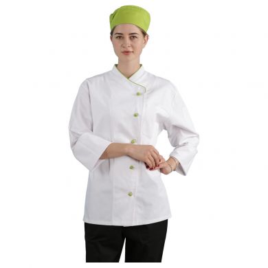 JHCJ-19001W White Long Sleeve Chef Jacket with Green Piping, 65/35 Poly-Cotton