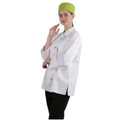 JHCJ-19001W White Long Sleeve Chef Jacket with Green Piping, 65/35 Poly-Cotton