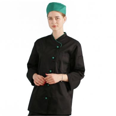 JHCJ-19001B Black Long Sleeve Chef Jacket with Green Piping, 65/35 Poly-Cotton