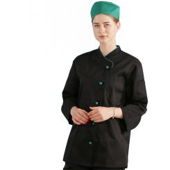 JHCJ-19001B Black Long Sleeve Chef Jacket with Green Piping, 65/35 Poly-Cotton